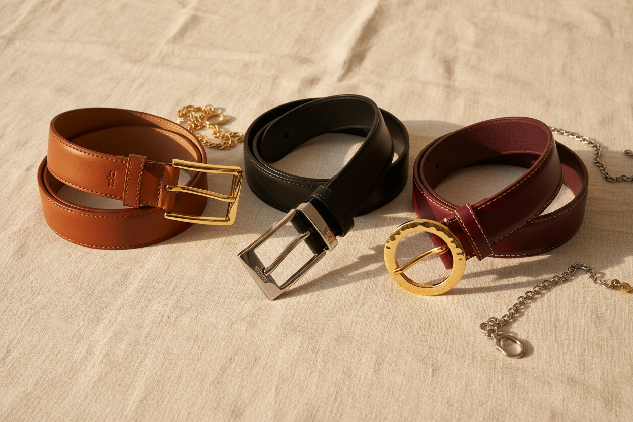 Ceintures MYNELIA aux finitions artisanales et boucles dorées sur fond lin ivoire, collection ceintures luxe femme 