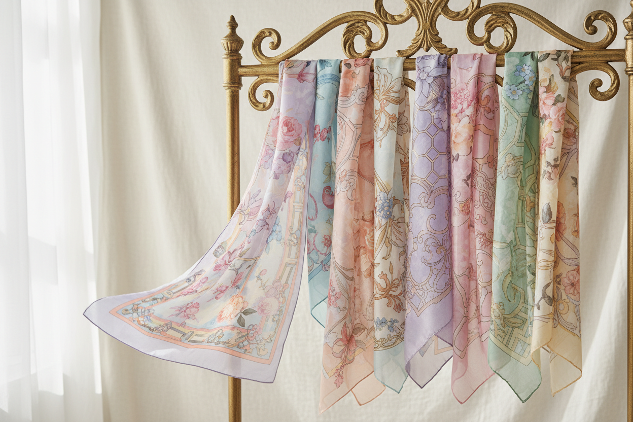 Foulards en soie MYNELIA aux motifs floraux et géométriques suspendus sur un portant doré, fond lin clair, collection foulards luxe