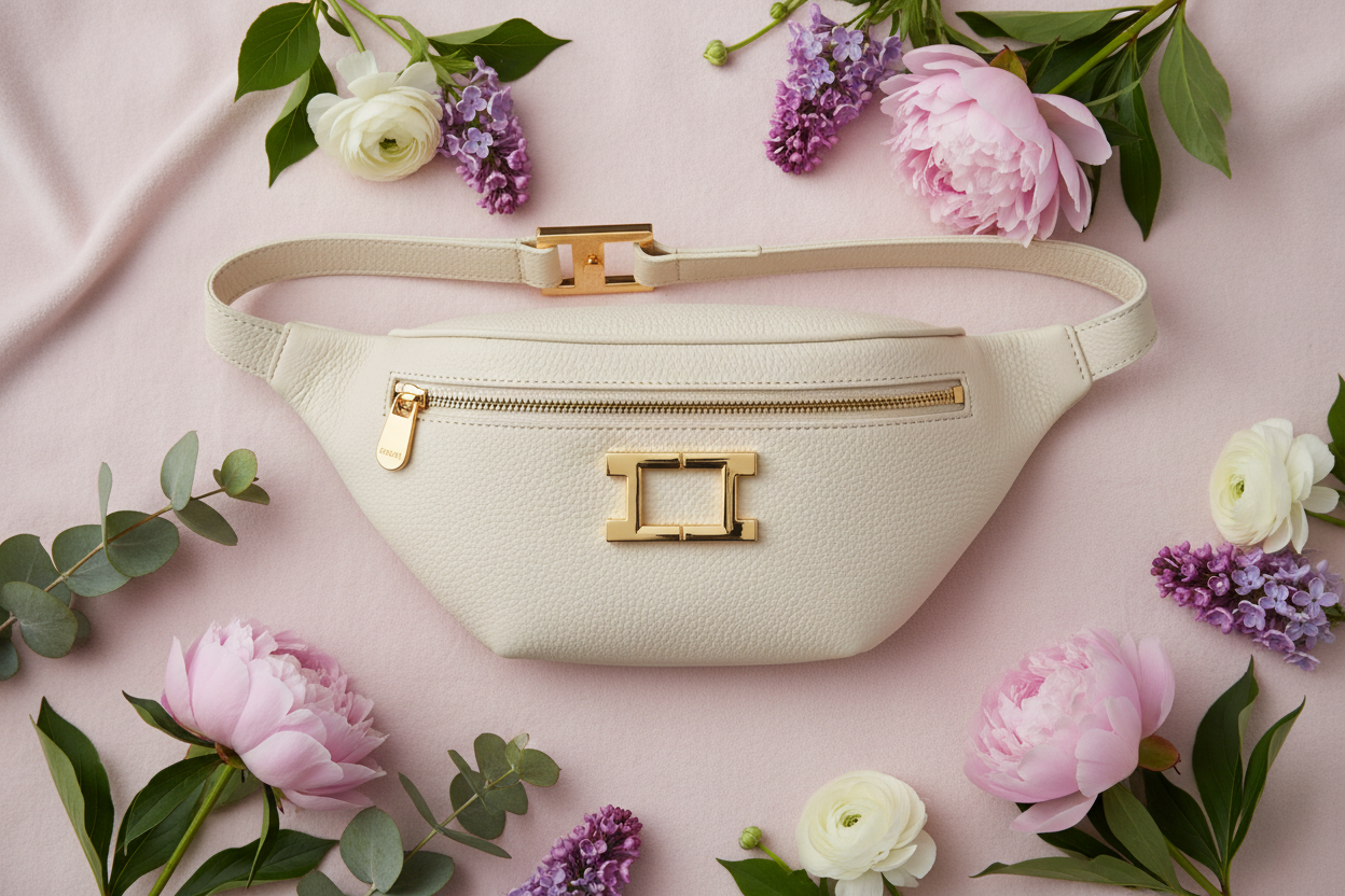 Sac banane femme MYNELIA sur fond rose blush entouré de fleurs printanières, collection sacs banane luxe