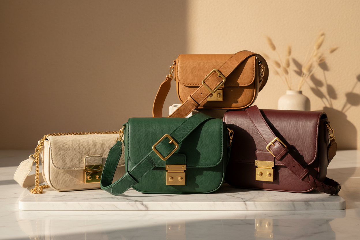 Sacs bandoulière MYNELIA aux finitions divers élégamment disposés sur marbre, collection sacs femme luxe 