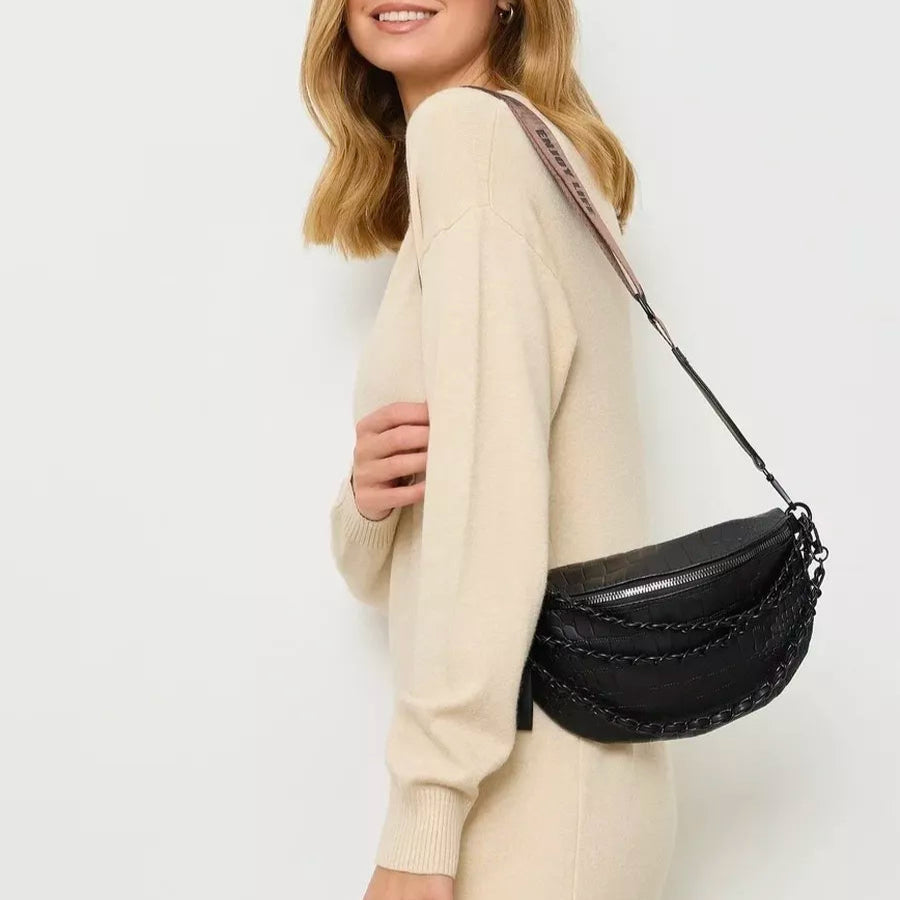 Sac banane femme en cuir PU – Large sangle,Chaîne décorative,surpiqûres