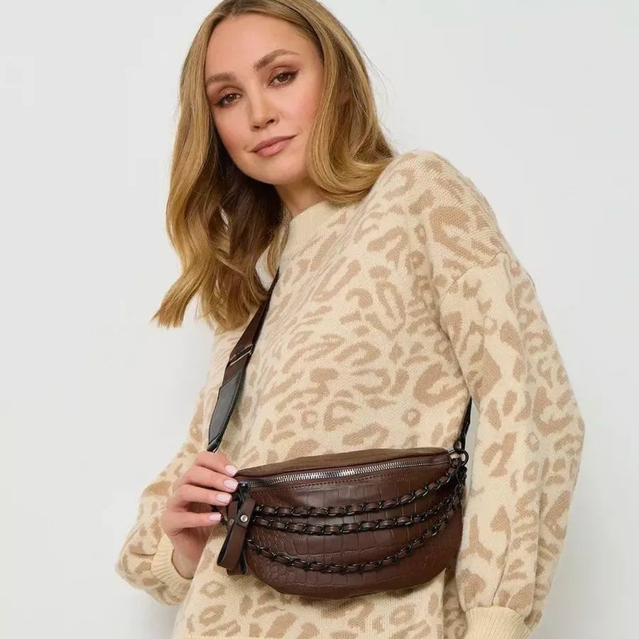 Sac banane femme en cuir PU – Large sangle,Chaîne décorative,surpiqûres