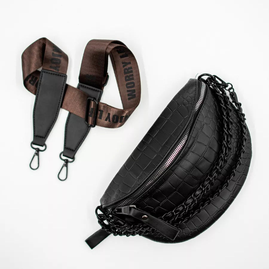 Sac banane femme en cuir PU – Large sangle,Chaîne décorative,surpiqûres