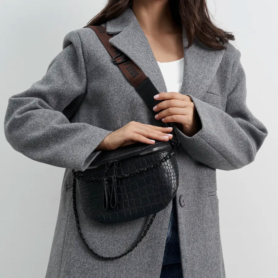Sac banane femme en cuir PU – Large sangle,Chaîne décorative,surpiqûres