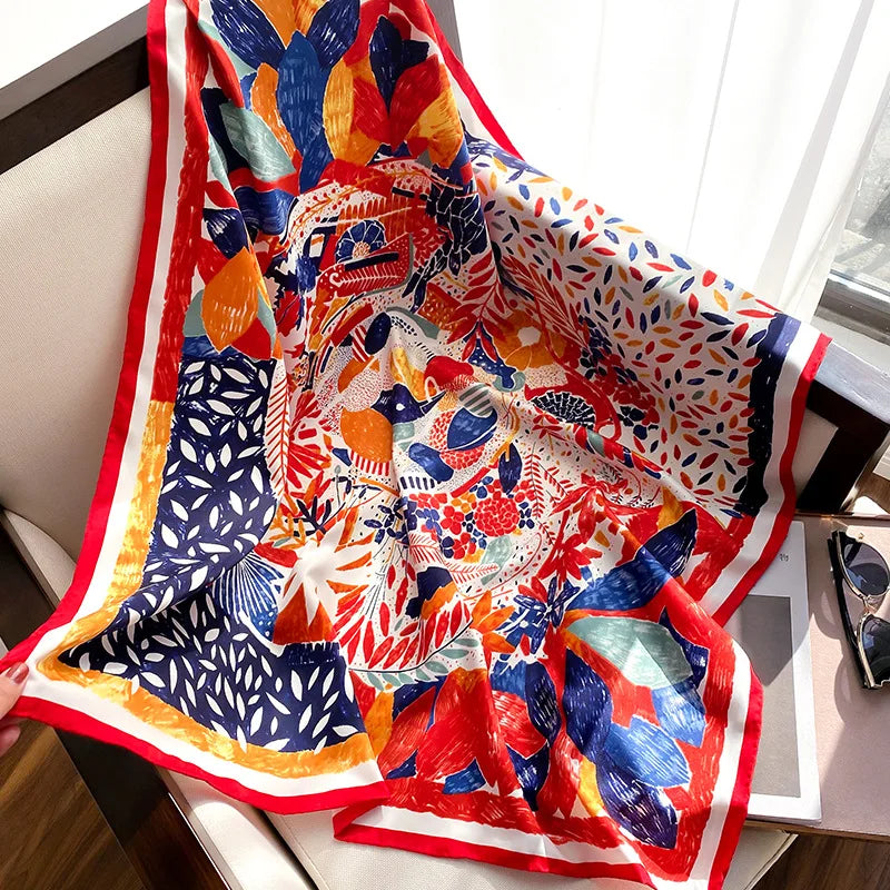 Foulard carré femme en polyester satiné effet soie – Motif géométrique 90 × 90 cm