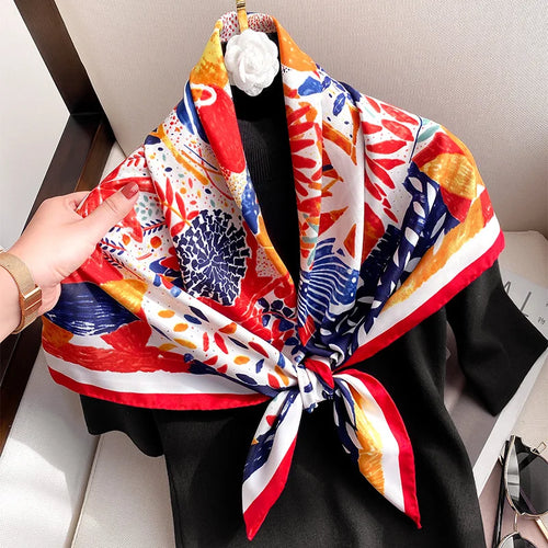 Foulard carré femme en polyester satiné effet soie – Motif géométrique 90 × 90 cm
