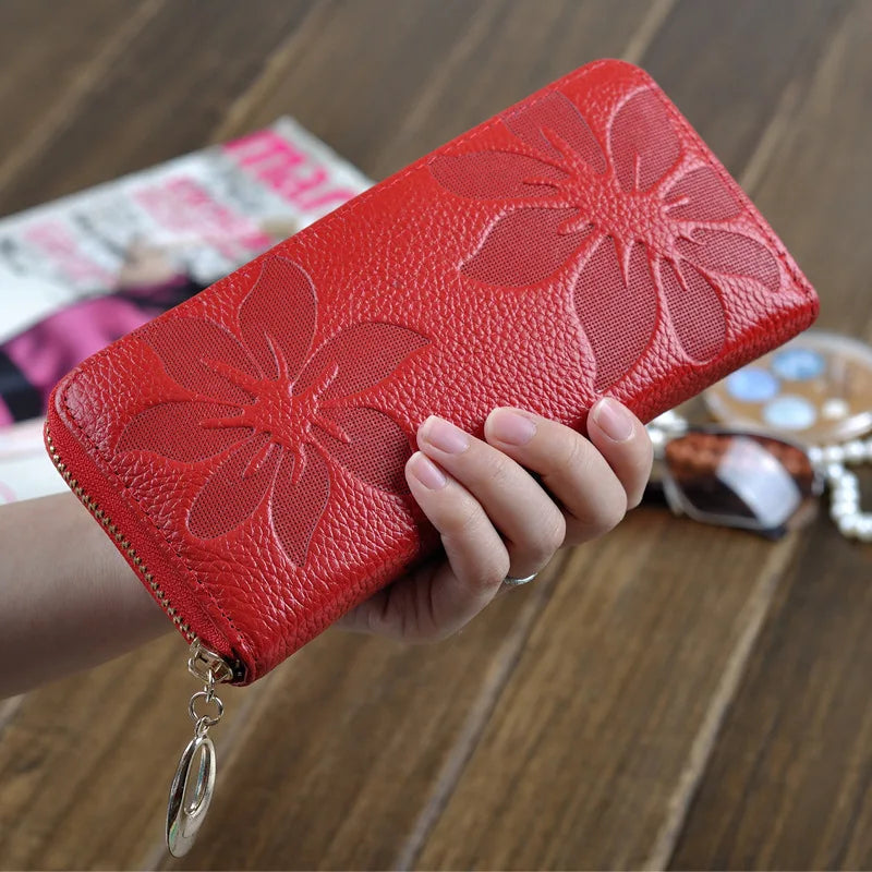 Portefeuille long Femme en cuir Véritable – Zippé, Floral & Multifonction MYNELIA