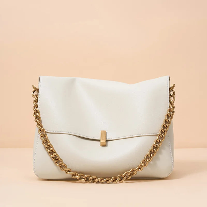 Sac Rabat Cuir Véritable Chaîne Dorée Verrou Flap