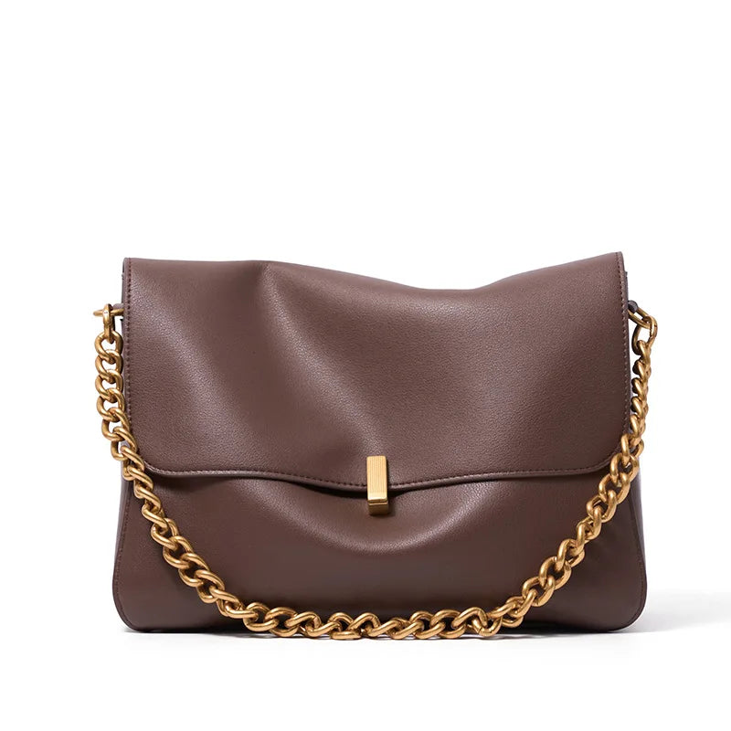 Sac Rabat Cuir Véritable Chaîne Dorée Verrou Flap