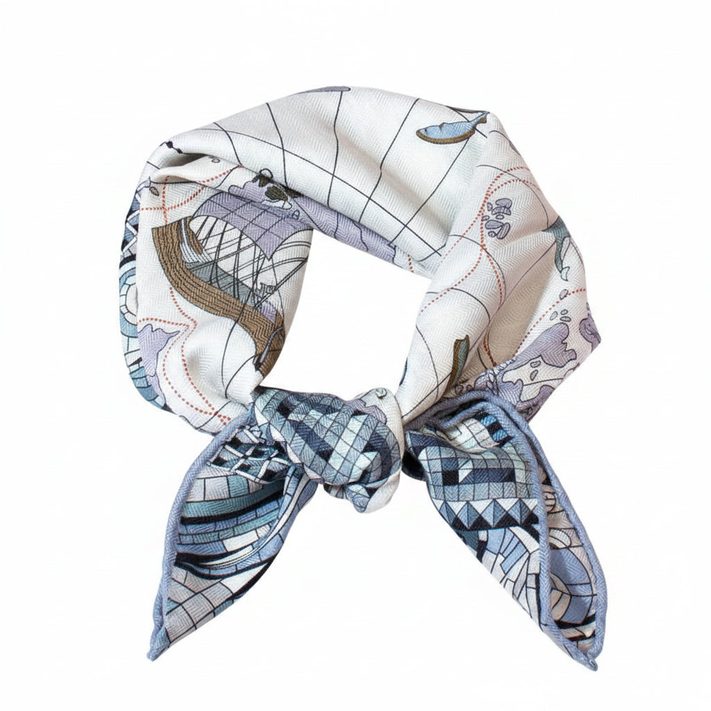 Retro Explorer Map Print Square Scarf 30% Silk 70% Wool Herringbone Texture Warm Shawl for Women Luxury Fashion Accessory MYNELIA