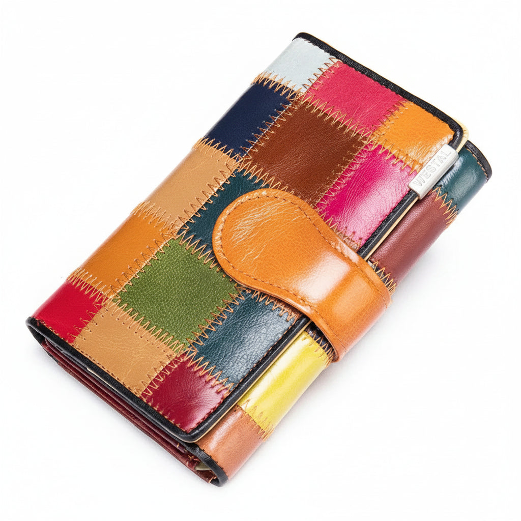 Portefeuille clutch cuir véritable Femme-Patchwork Vintage & Multi-compartiments MYNELIA