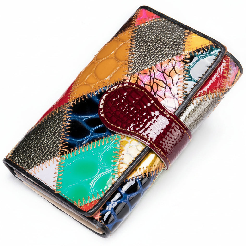 Portefeuille clutch cuir véritable Femme-Patchwork Vintage & Multi-compartiments MYNELIA