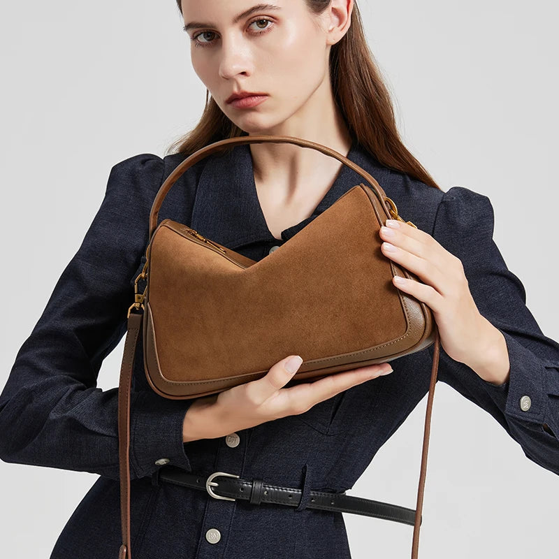 Sac en daim et cuir véritable-Tote Bag luxe bandoulière MYNELIA