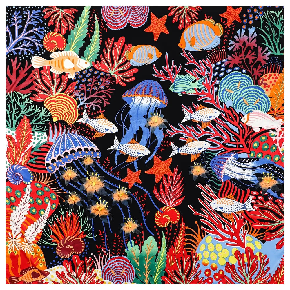 Foulard Soie Twill 100% Motif Monde Sous-Marin Châle Multiport