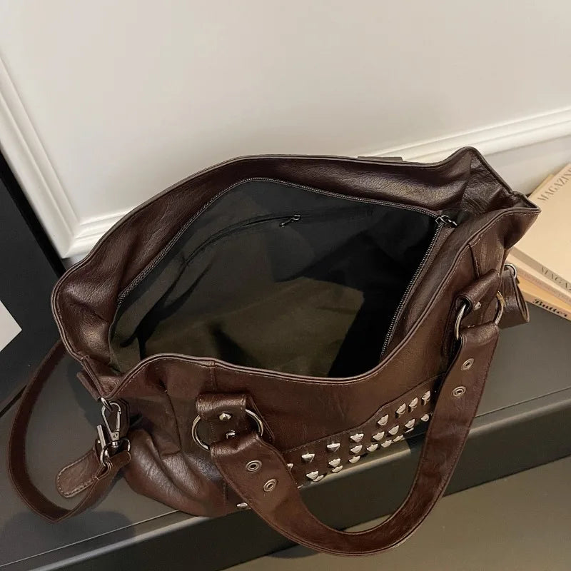 Niet Punk Handtaschen mit großem Fassungsvermögen Hochwertige Robuste Weiche Leder Casual Tragetasche Schulter Umhängetaschen Täglich Pendeln Reisen