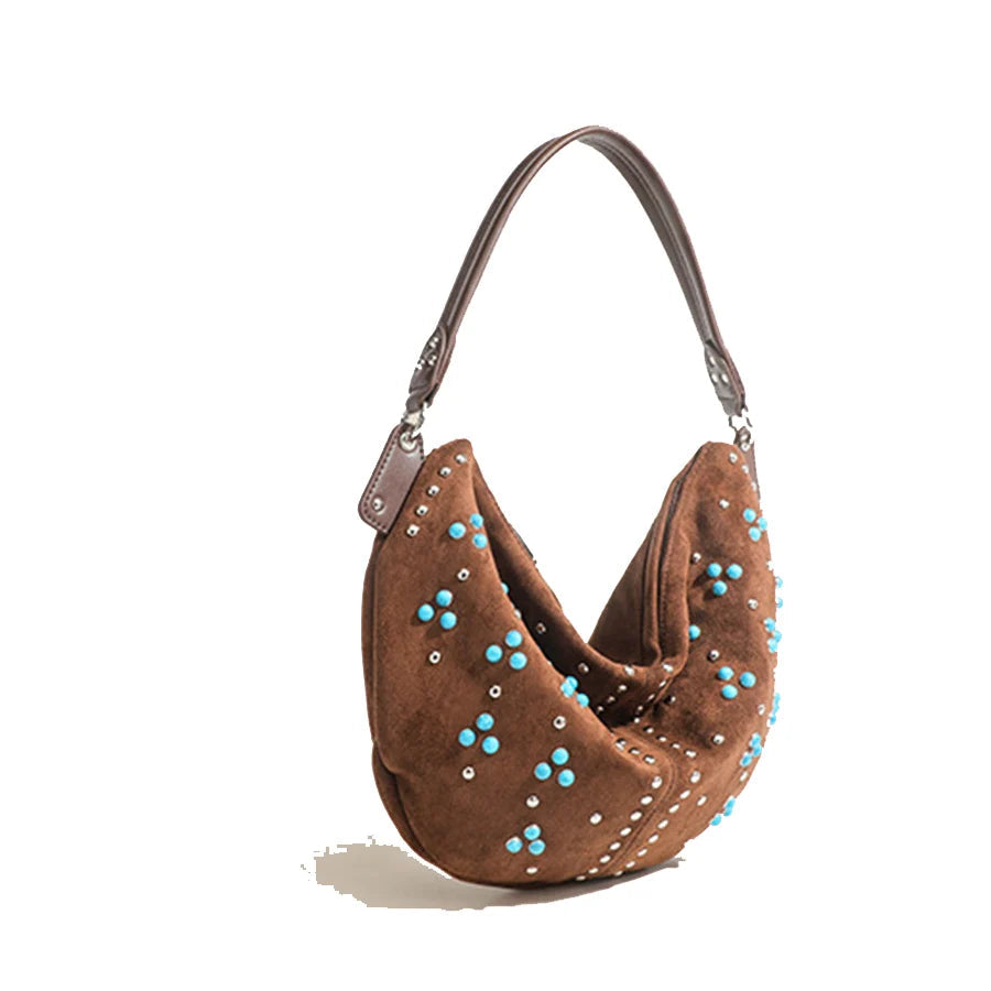 Sac à main demi-lune en daim avec rivets -Style rétro MYNELIA