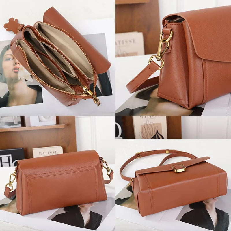 Sac bandoulière en cuir Véritable – Style Rétro,Poches intérieures