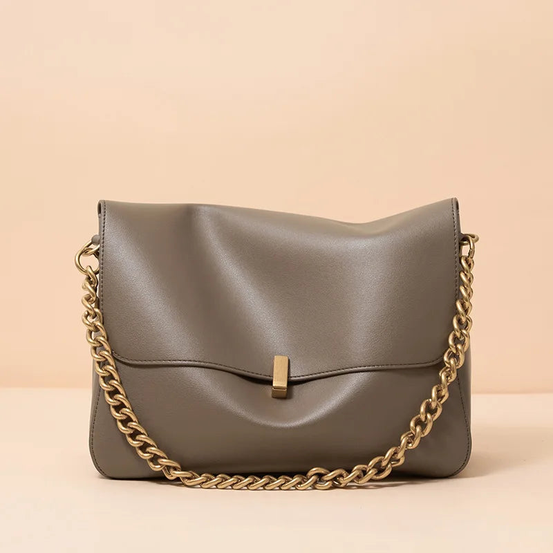 Sac Rabat Cuir Véritable Chaîne Dorée Verrou Flap