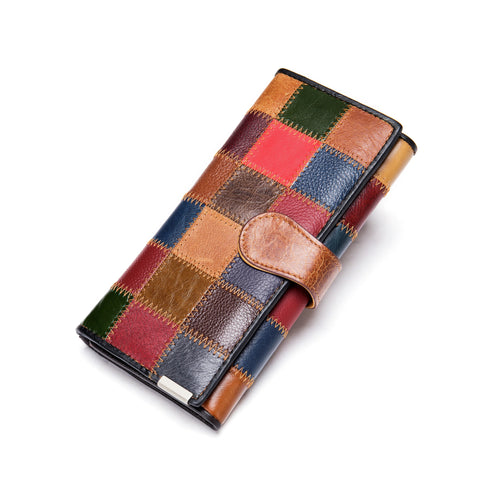 Portefeuille clutch cuir véritable Femme-Patchwork Vintage & Multi-compartiments MYNELIA