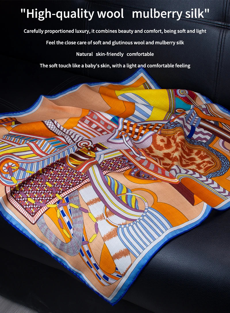 30% Silk 70% Wool Square Scarf 65*65cm Luxury Geometric Art Print Warm Winter Neck Wrap For Women MYNELIA