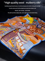 30% Silk 70% Wool Square Scarf 65*65cm Luxury Geometric Art Print Warm Winter Neck Wrap For Women MYNELIA