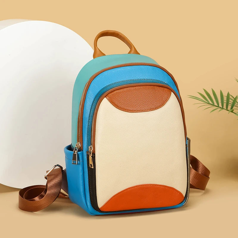 Sac à dos Cuir Véritable Patchwork Coloré – Multi-Poches