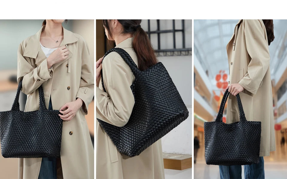Sac Tote tressé en cuir PU vegan – Artisanal, Fermeture Hasp
