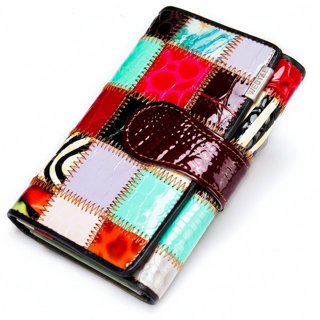 Portefeuille clutch cuir véritable Femme-Patchwork Vintage & Multi-compartiments MYNELIA