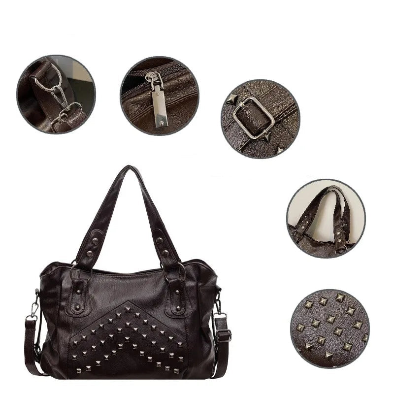 Niet Punk Handtaschen mit großem Fassungsvermögen Hochwertige Robuste Weiche Leder Casual Tragetasche Schulter Umhängetaschen Täglich Pendeln Reisen