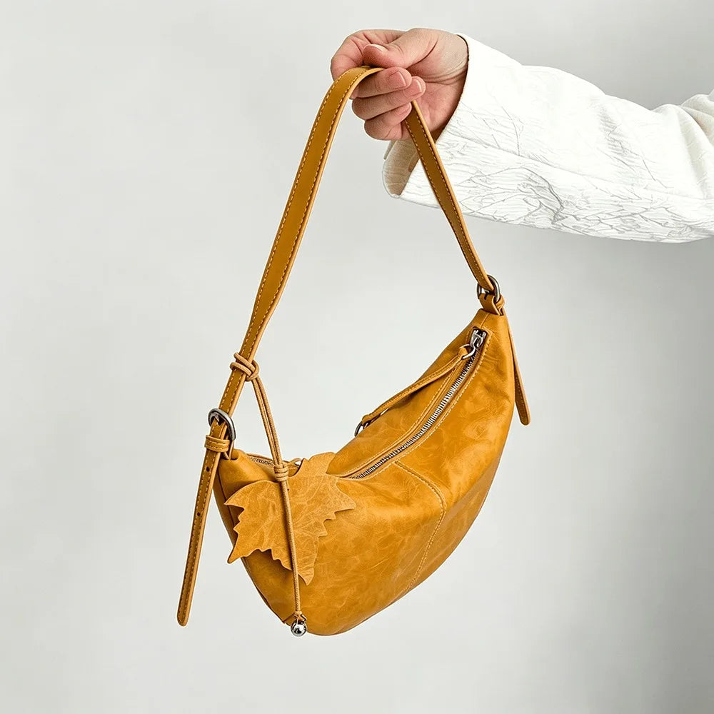 Sac demi-lune Vintage Femme – Polyester Breloque Feuille Hobo Bandoulière