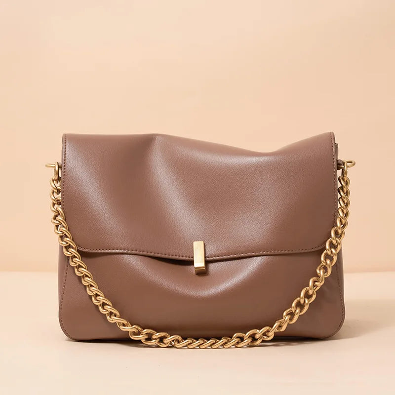 Sac Rabat Cuir Véritable Chaîne Dorée Verrou Flap