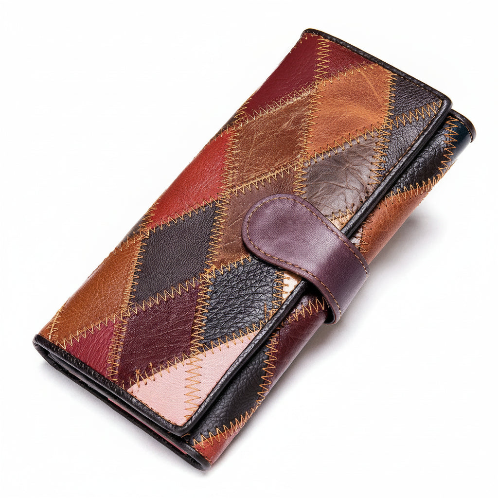Portefeuille clutch cuir véritable Femme-Patchwork Vintage & Multi-compartiments MYNELIA