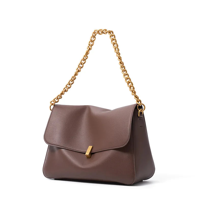 Sac Rabat Cuir Véritable Chaîne Dorée Verrou Flap