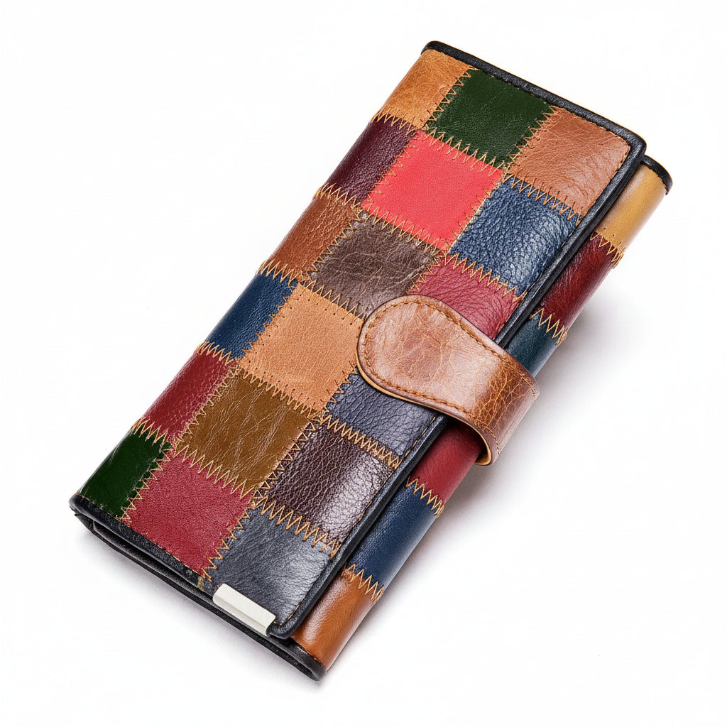Portefeuille clutch cuir véritable Femme-Patchwork Vintage & Multi-compartiments MYNELIA