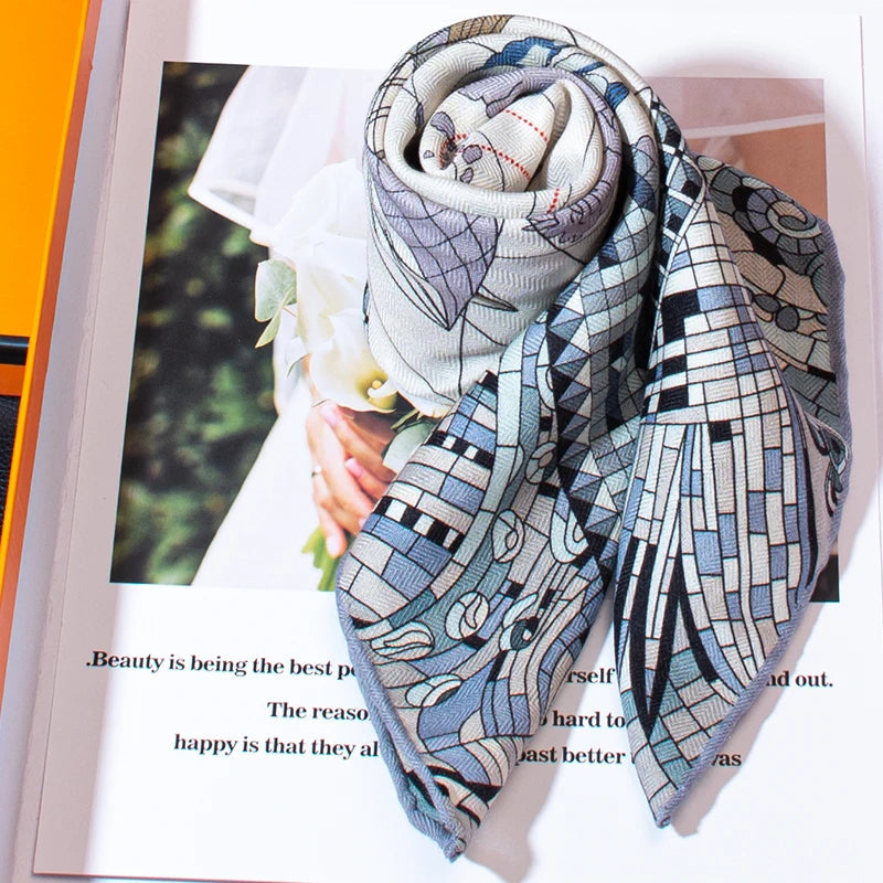 Retro Explorer Map Print Square Scarf 30% Silk 70% Wool Herringbone Texture Warm Shawl for Women Luxury Fashion Accessory MYNELIA