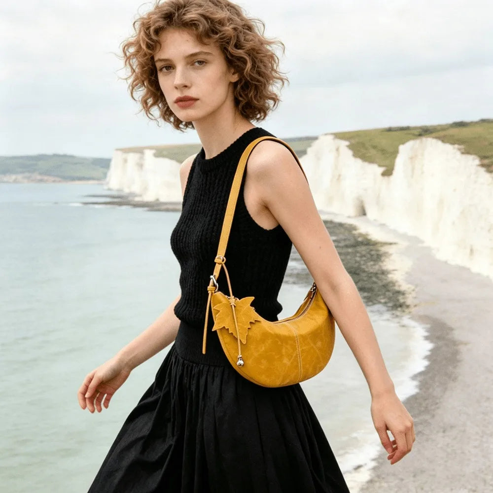 Sac demi-lune Vintage Femme – Polyester Breloque Feuille Hobo Bandoulière
