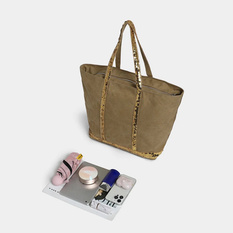 Sac Tote Canvas Sequins Grande Capacité Rétro