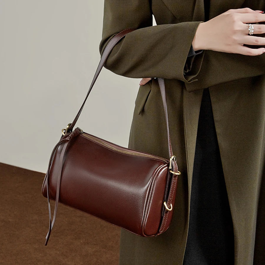 Sac bandoulière cuir véritable – Forme cylindrique souple