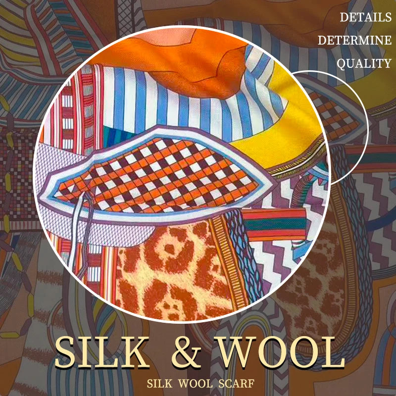 30% Silk 70% Wool Square Scarf 65*65cm Luxury Geometric Art Print Warm Winter Neck Wrap For Women MYNELIA