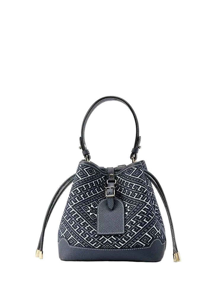 Sac à main seau en cuir artisanal – Imprimé Style Chinois, Port Épaule & Bandoulière MYNELIA