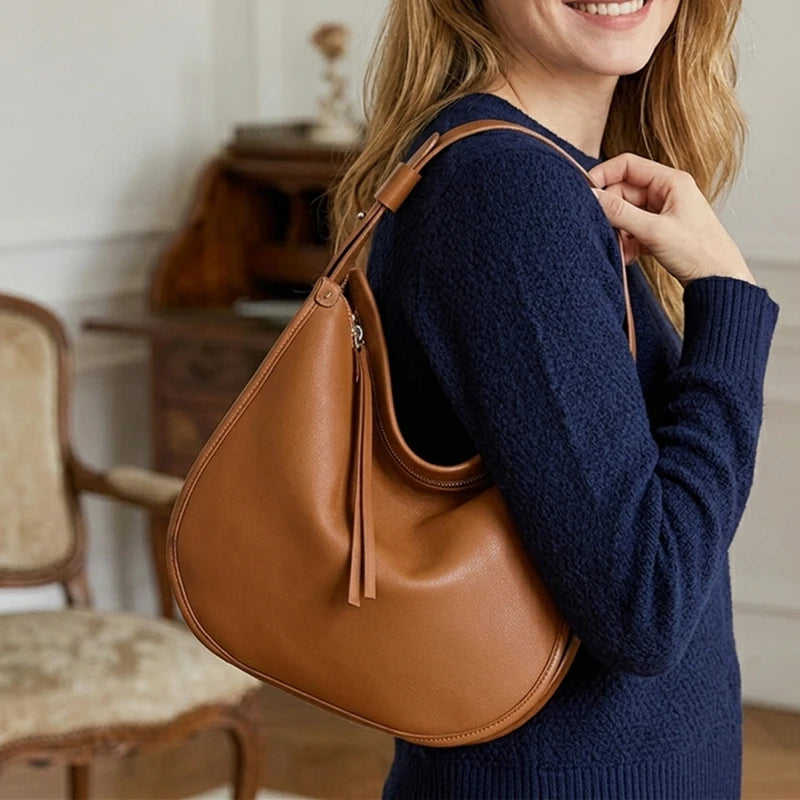 Sac Demi-Lune en Cuir Véritable Souple Vintage