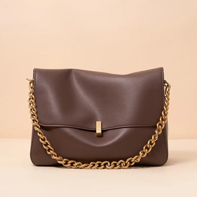 Sac Rabat Cuir Véritable Chaîne Dorée Verrou Flap