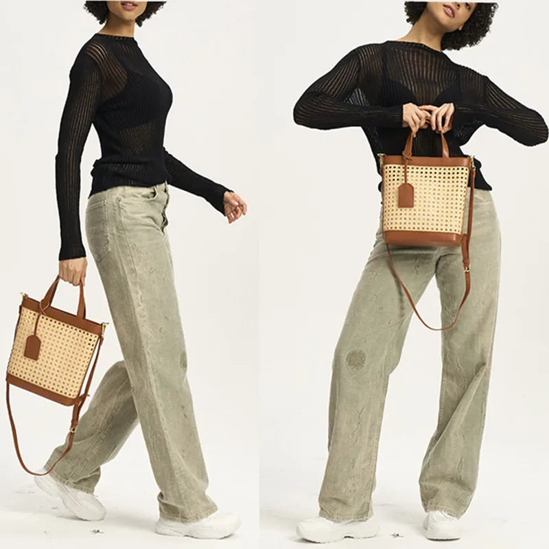 Einkaufstasche aus PU-Leder – Bohème-Rattan-Muster