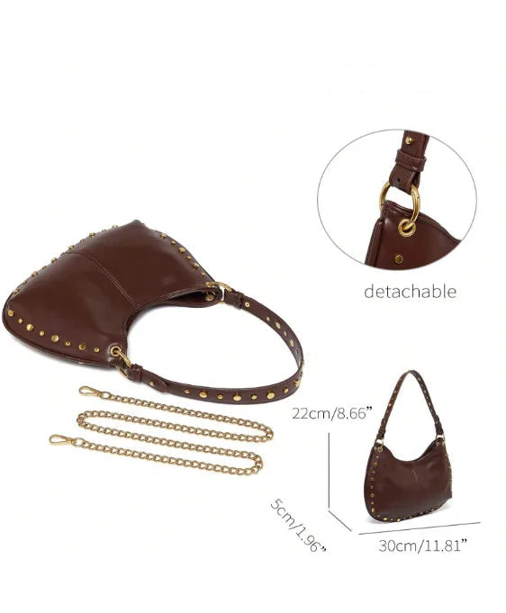 Sac bandoulière femme brun en cuir PU à rivets