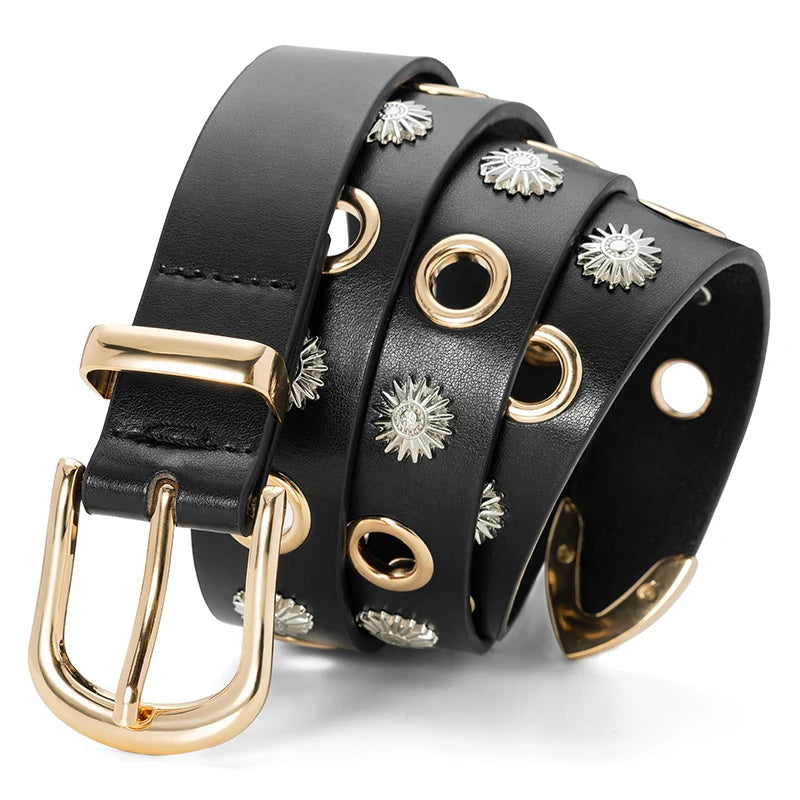 Ceinture femme en cuir PU – Rivets Dorés,Boucle Alliage, Style Fashion