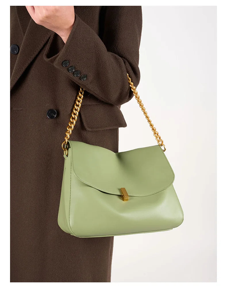 Sac Rabat Cuir Véritable Chaîne Dorée Verrou Flap