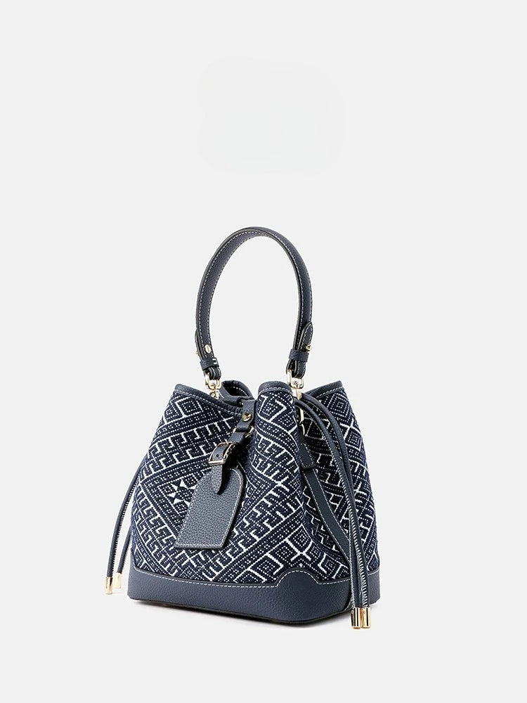 Sac à main seau en cuir artisanal – Imprimé Style Chinois, Port Épaule & Bandoulière MYNELIA