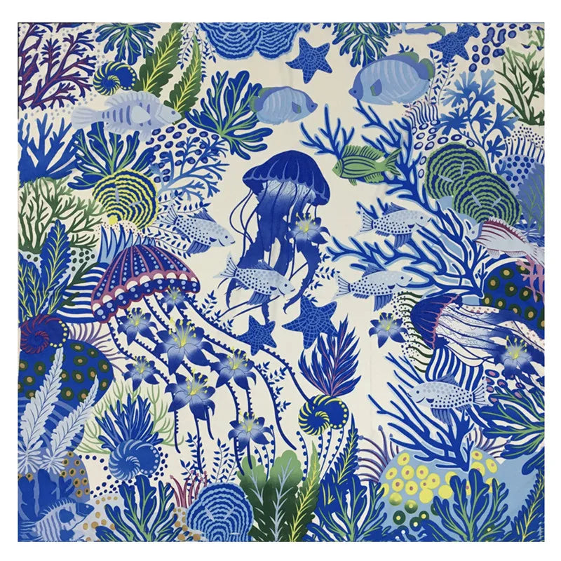 130*130cm 100% Twillseidentuch Frauen Quadratisches Bandana Schal Die Unterwasserwelt Bedruckte Schals Weiblicher Foulard Halstuch