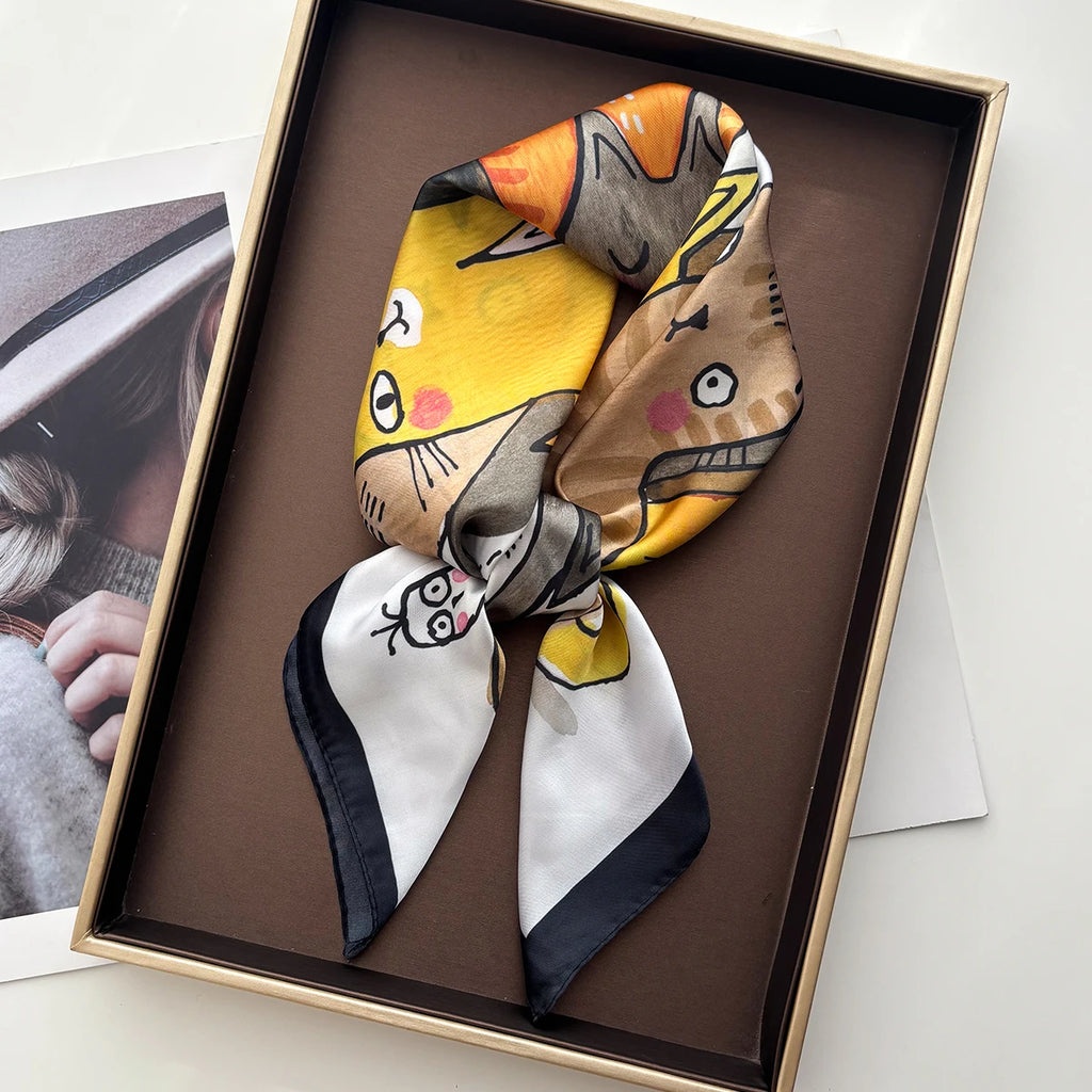 Imitation Seide Quadratischer Schal Frauen Tier Katze Bedruckte Modeaccessoires Haarband Foulard Bandana Halstuch
