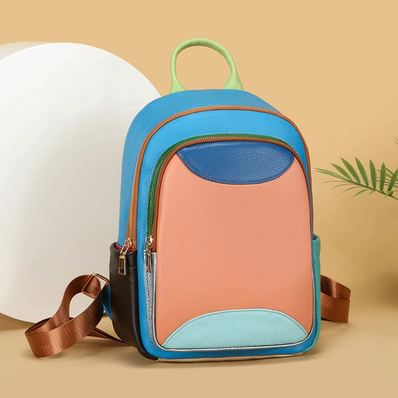 Sac à dos Cuir Véritable Patchwork Coloré – Multi-Poches